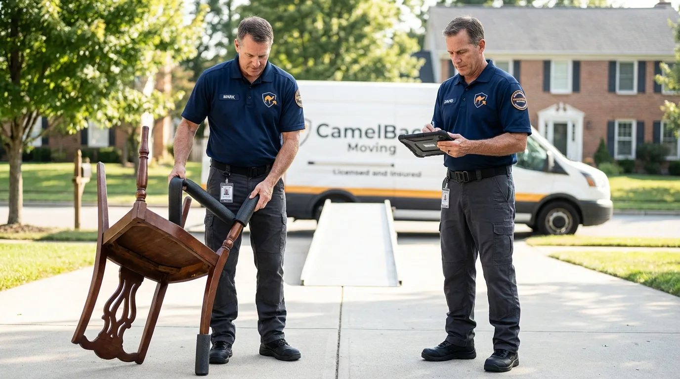 Movers inspecting furniture for damage prevention before loading in Van Lear, KY